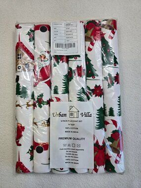 NEW Urban Villa 19" X 29" 6 Pack Christmas Placemat Set 100% Cotton Santa